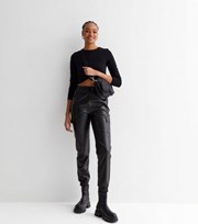 New Look Tall Black Leather-Look Tie Waist Cargo Joggers